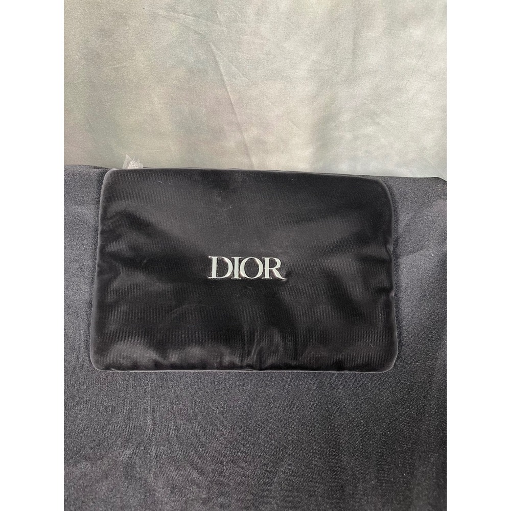 Dior Beauty Black Soft Satin Cosmetic Pouch Makeup Bag Clutch Silver Logo